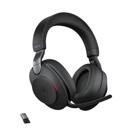 Jabra Evolve2 85 MS Stereo USB-A Headset in Black with boom mic down and USB-A Bluetooth adapter -tpstech.in