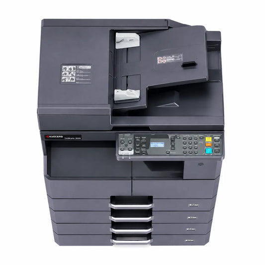 Front view of KYOCERA TASKalfa 2020 A3 monochrome multifunction printer featuring LCD control panel and automatic document feeder.