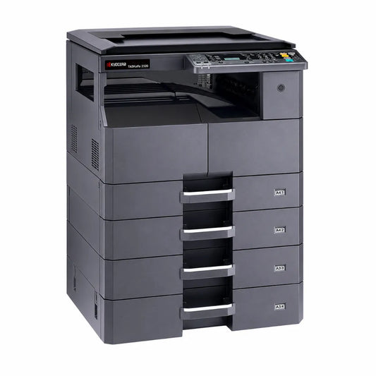 Left front angle view of KYOCERA TASKalfa 2320 A3 monochrome multifunction laser printer with multiple paper drawers.