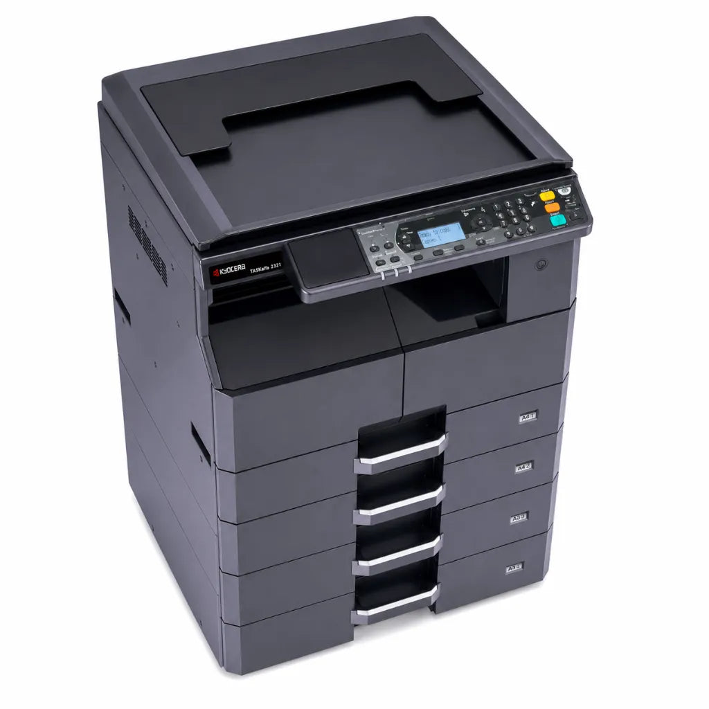 Top right angle view of the KYOCERA TASKalfa 2321 A3 multifunction laser printer suitable for business and enterprise offices.