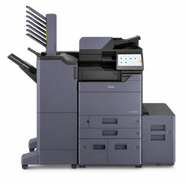Front view of KYOCERA TASKalfa 5004i A3 monochrome multifunction printer with color touchscreen and high-capacity paper trays.
