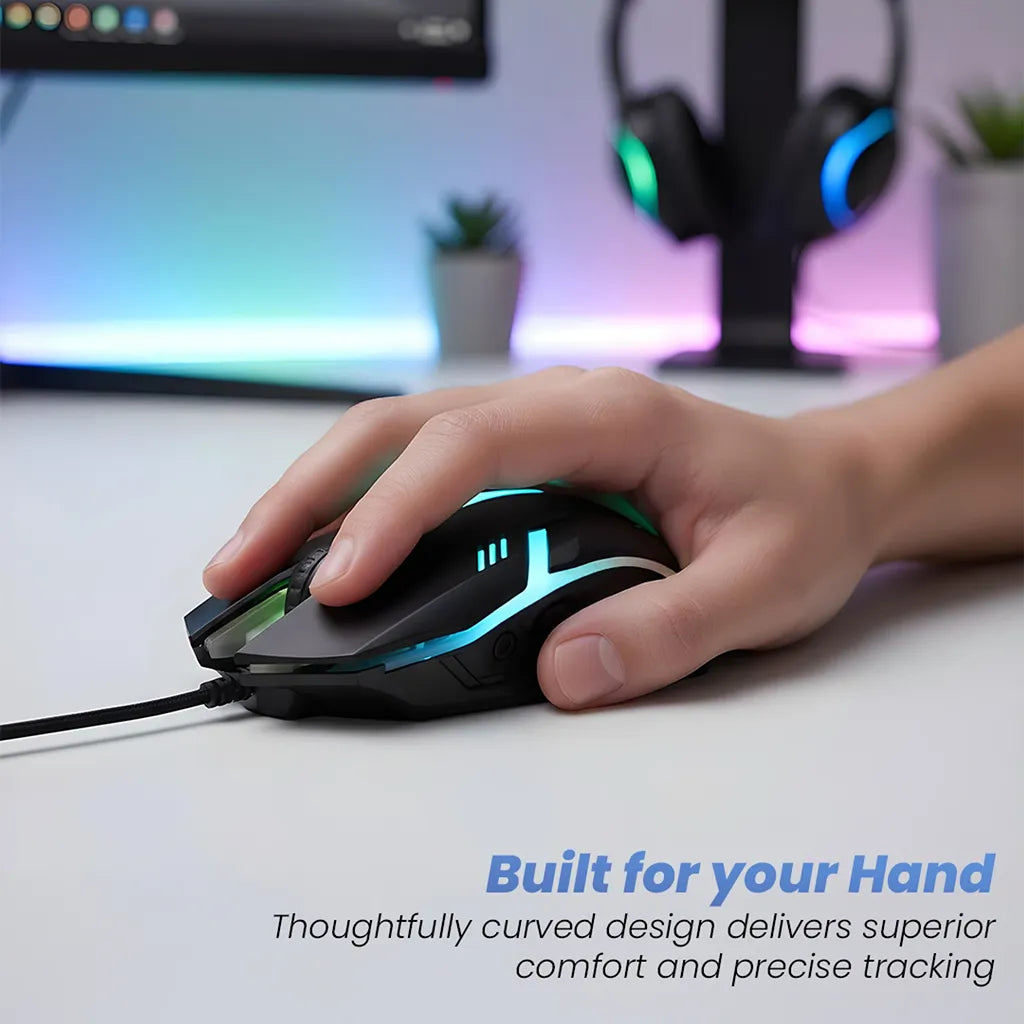 Lapcare Champ LOX-510 1200 DPI Wired Gaming Mouse with RGB Breathing Lights featuring an ergonomic comfort grip for accurate control and extended gaming sessions -tpstech.in