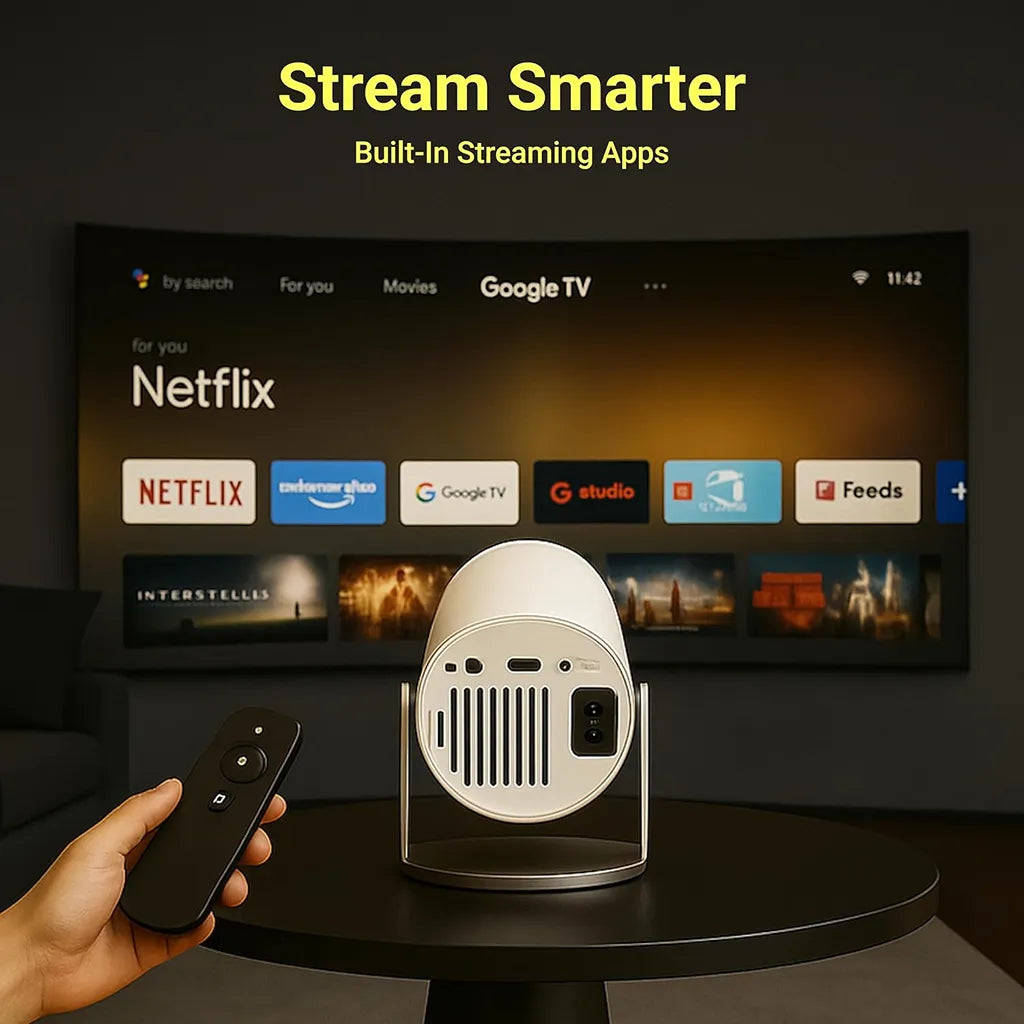LAPCARE Laplay LLP-012 Smart LED Projector streaming built-in OTT apps controlled with remote on tabletop -tpstech.in