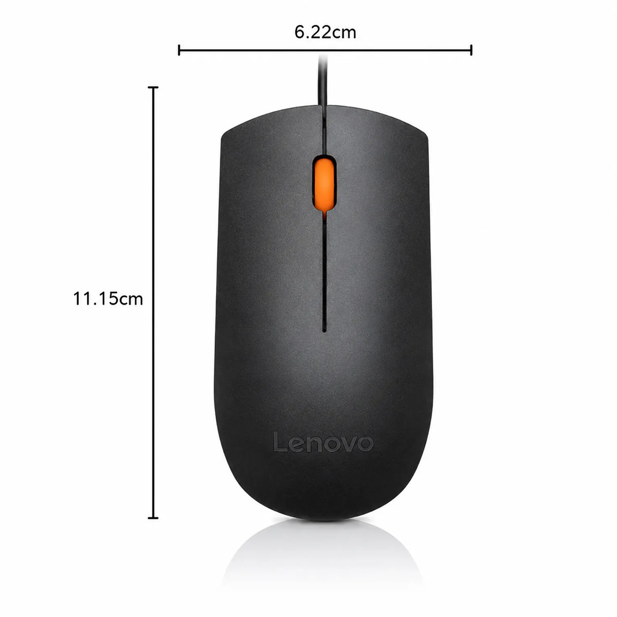 Lenovo 300 USB Wired Optical Mouse top view with dimensions chart showing width and length -tpstech.in