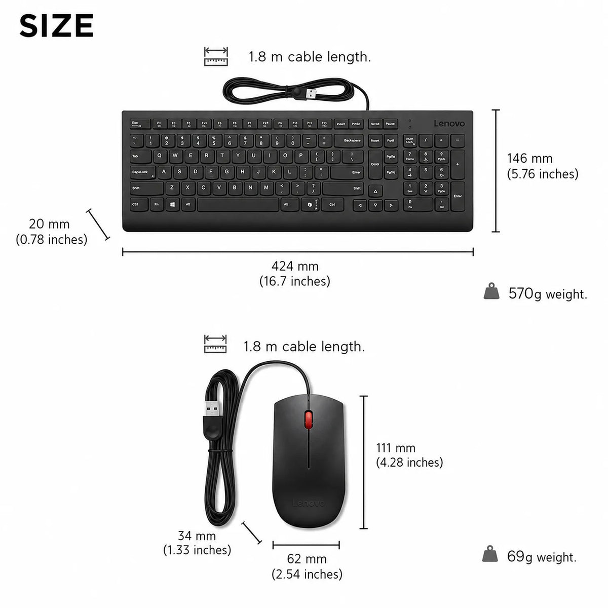 Lenovo Essential 4X30L79883 Wired Keyboard and Mouse Combo size chart detailing dimensions, weight, and 1.8m cable length -tpstech.in