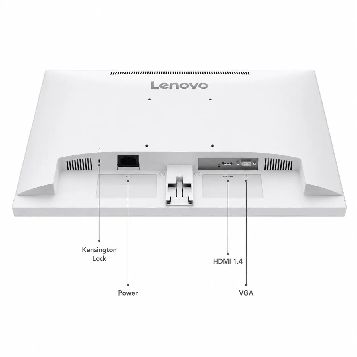 Lenovo L22-42 monitor connectivity ports featuring HDMI 1.4, VGA, power input and Kensington lock slot
