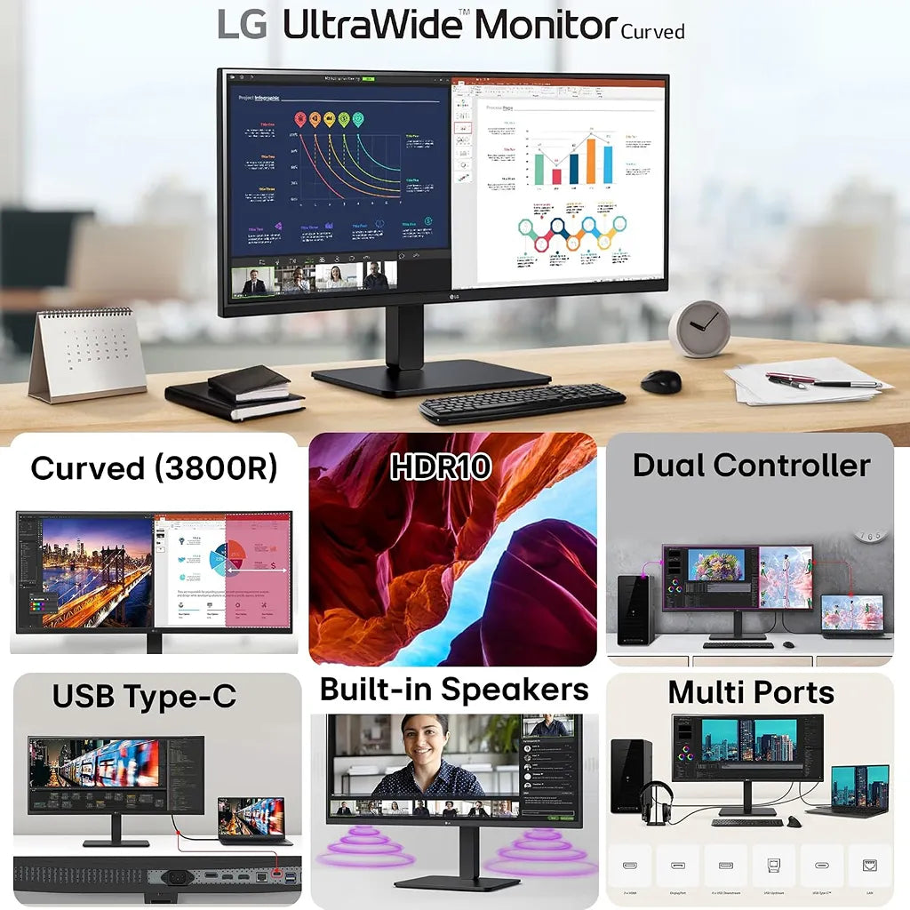 LG 34BA75QE UltraWide monitor workstation setup demonstrating rich interface connectivity with PC laptop headphones and LAN -tpstech.in