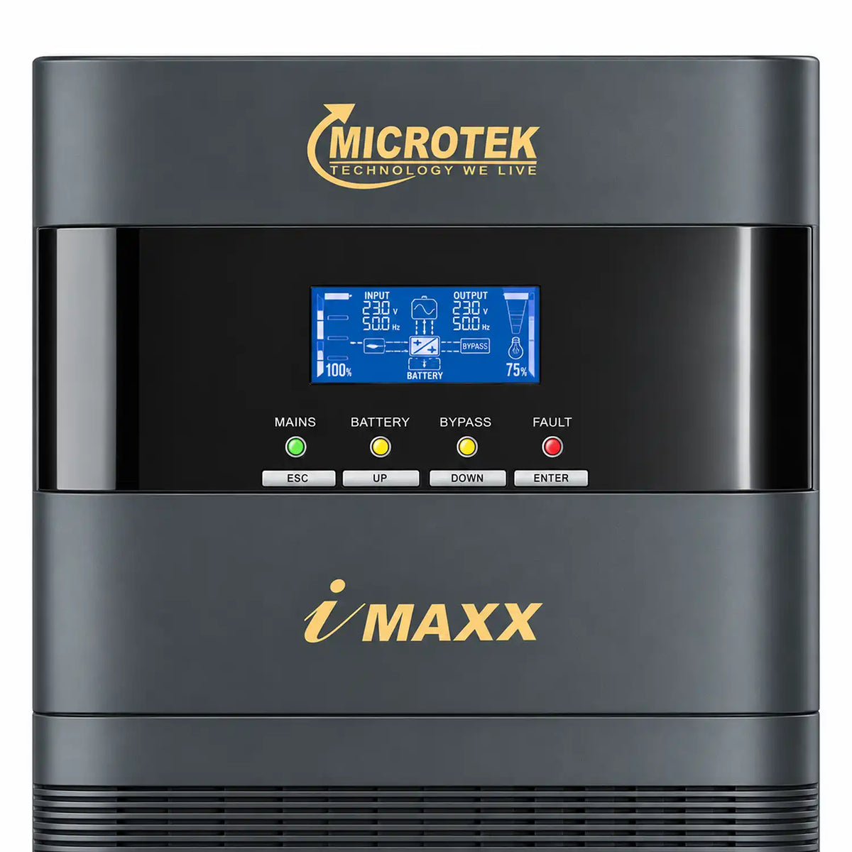 Microtek iMAXX 7.5kVA online UPS close-up LCD display showing input, output, battery and bypass status -tpstech.in