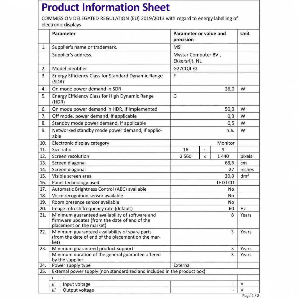 MSI G27CQ4 E2 product information sheet showing monitor specifications energy data screen size and resolution details