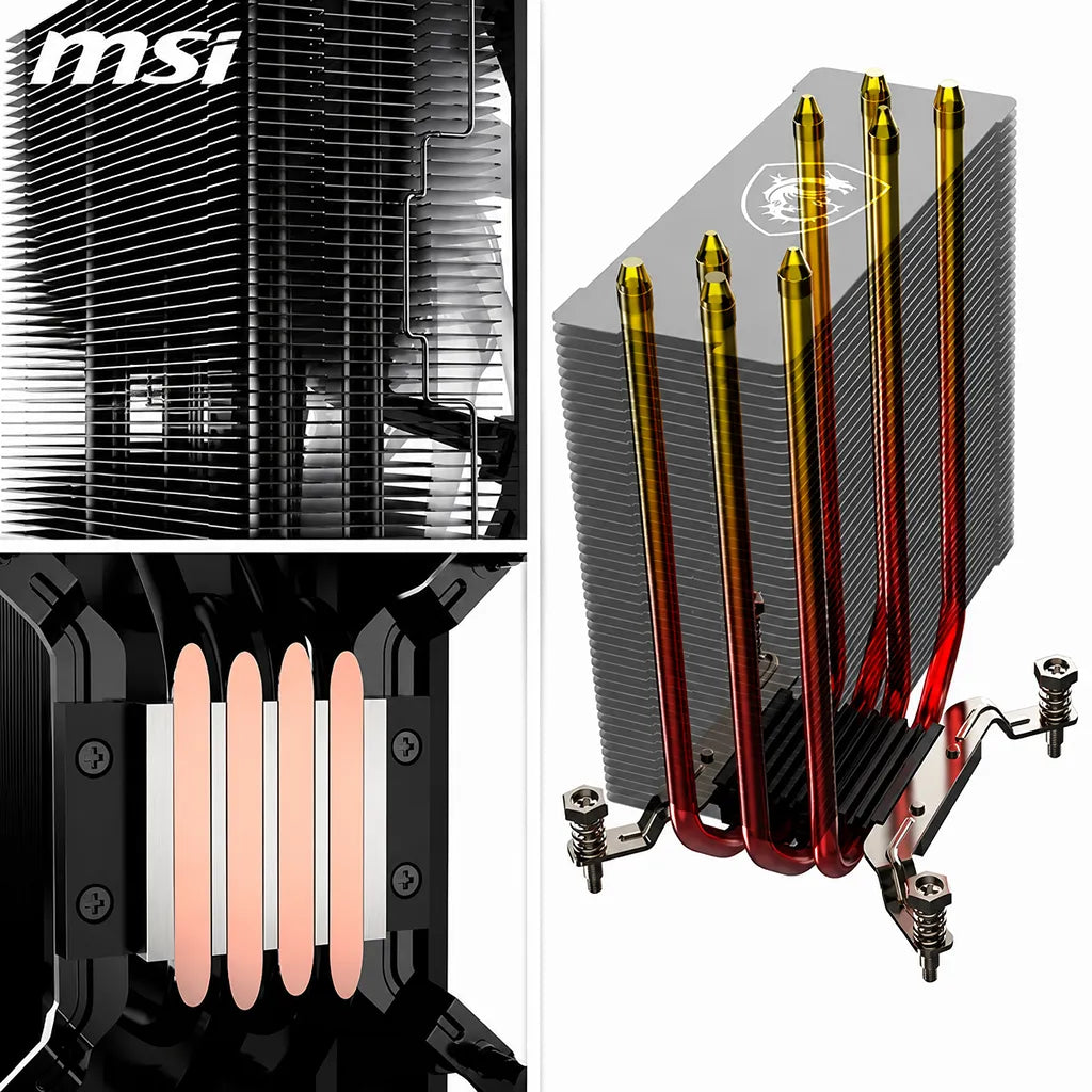 MSI MAG COREFROZR AA13 White CPU Air Cooler feature overview highlighting direct contact heat pipes, aluminum heatsink fins and ARGB cooling fan design -tpstech.in