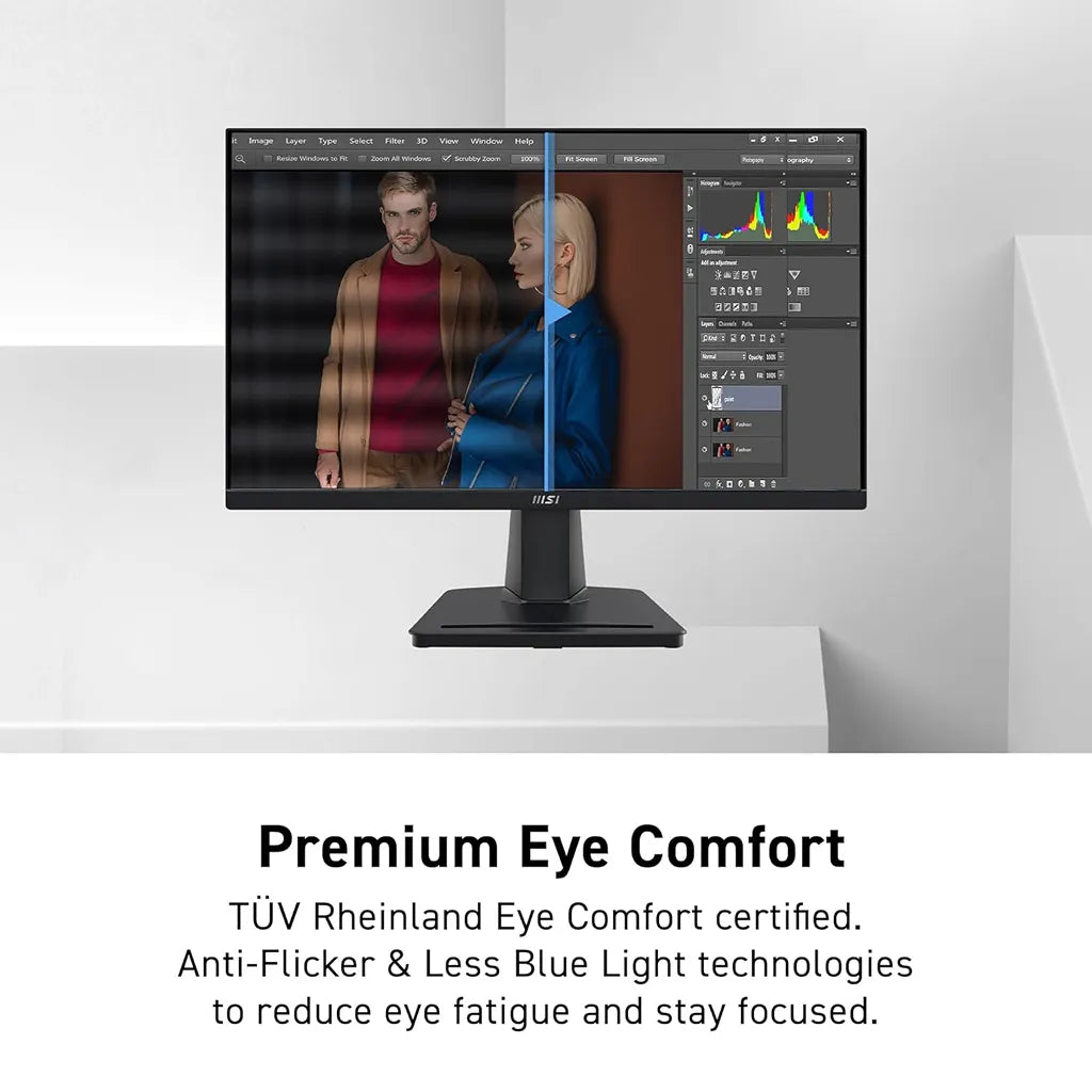 MSI PRO MP225V 21.45-inch FHD Business Monitor Eye Care PC split screen comparison showing TÜV Rheinland certified anti-flicker technology -tpstech.in