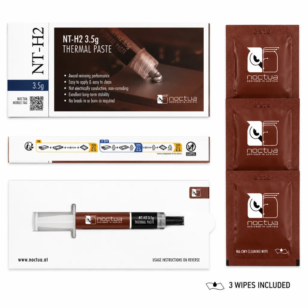 Noctua NT-H2 3.5g thermal paste retail package including syringe and three NA-CW1 cleaning wipes.
