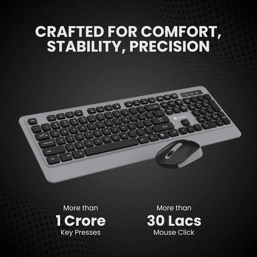 Portronics Key5 Combo POR 1569 Wireless Keyboard and Mouse Set Grey designed for comfort with durable keyboard and mouse switches -tpstech.in