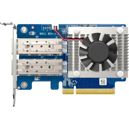 QNAP QXG-10G2SF-NXE dual-port 10GbE SFP+ PCIe network expansion card front view with active cooling fan -tpstech.in