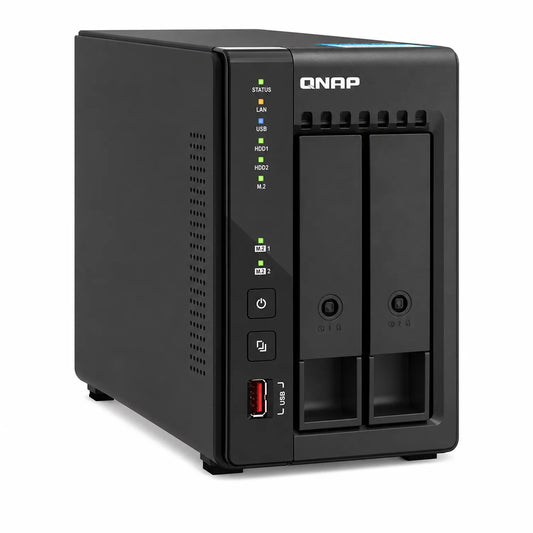 QNAP TS-253E-8G 2 Bay NAS front left angle showing dual drive bays, status LEDs, control buttons, USB port and ventilation - tpstech.in