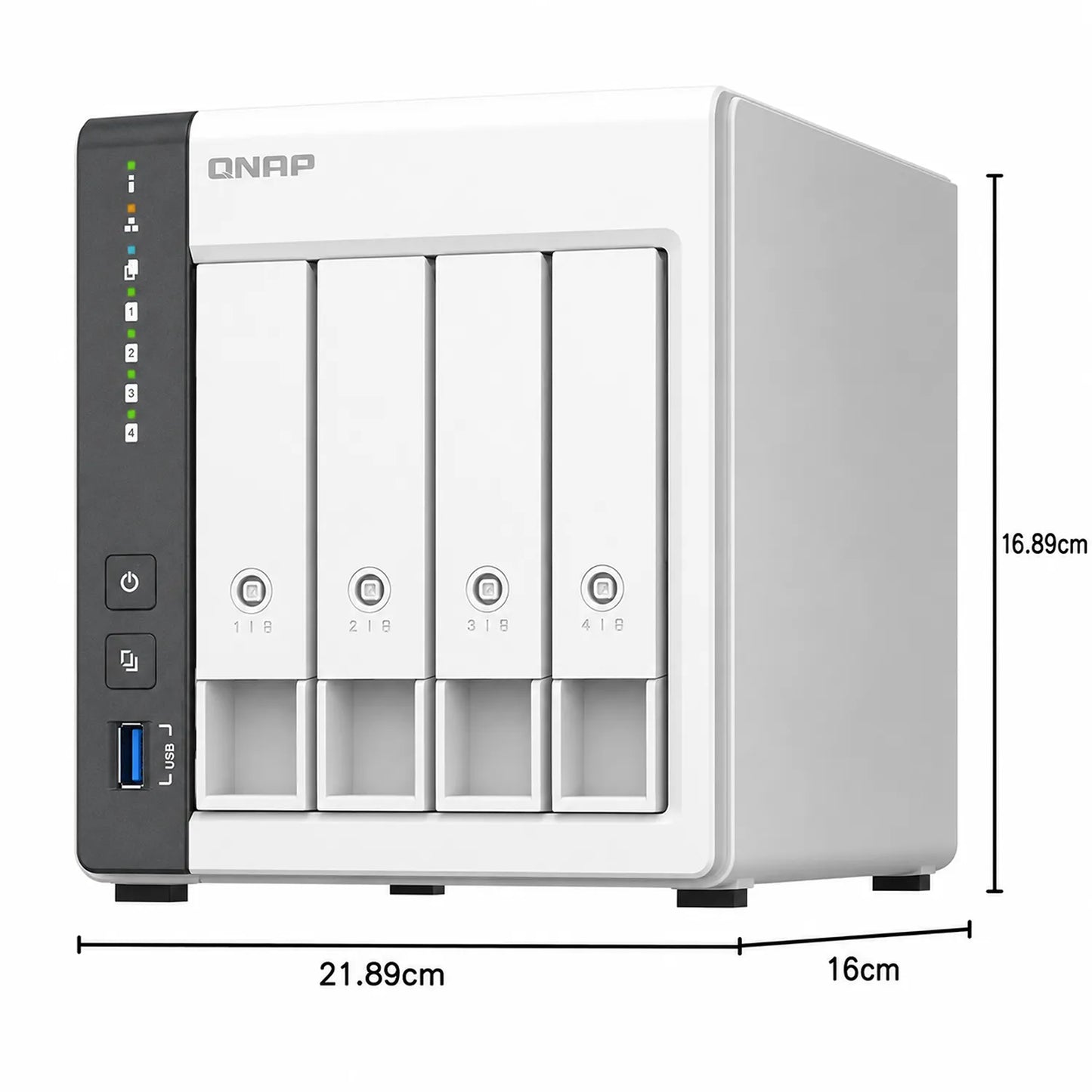 QNAP TS-433 Quad Core 4 Bay Network Attached Storage Enclosure in white showing product dimensions - tpstech.in