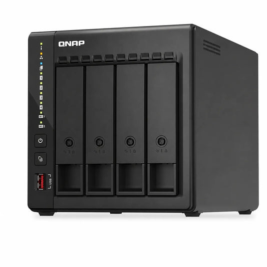 QNAP TS-453E-8G 4 Bay Network Attached Storage Enclosure front right angle showing drive bays and ventilation -tpstech.in