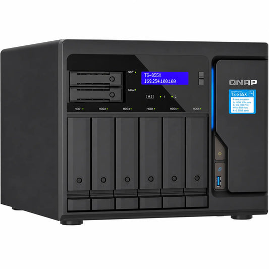 QNAP TS-855X-8G 8 Core 8 Bay 10GbE Desktop Network Attached Storage front left view in black -tpstech.in