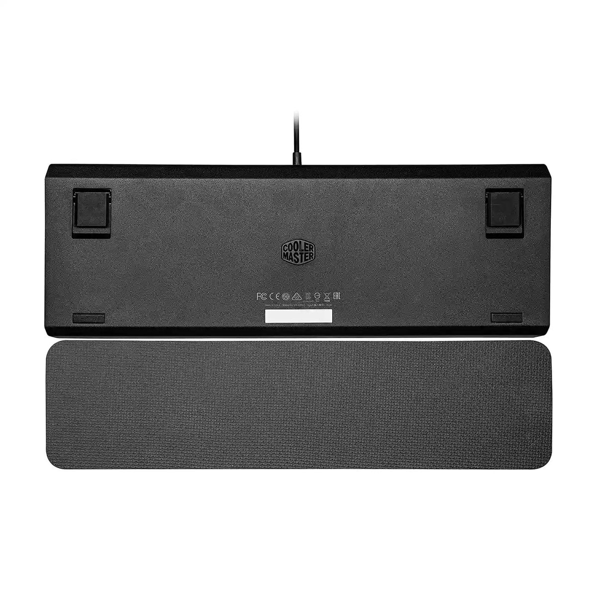 Repacked Cooler Master CK530 V2 Mechanical Gaming Keyboard rear baseplate showcasing non-slip rubber feet and certification sticker -tpstech.in