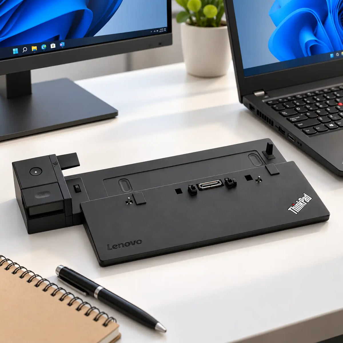 Repacked Lenovo ThinkPad Basic 65W Docking Station placed on office desk setup alongside ThinkPad laptop and monitor -tpstech.in