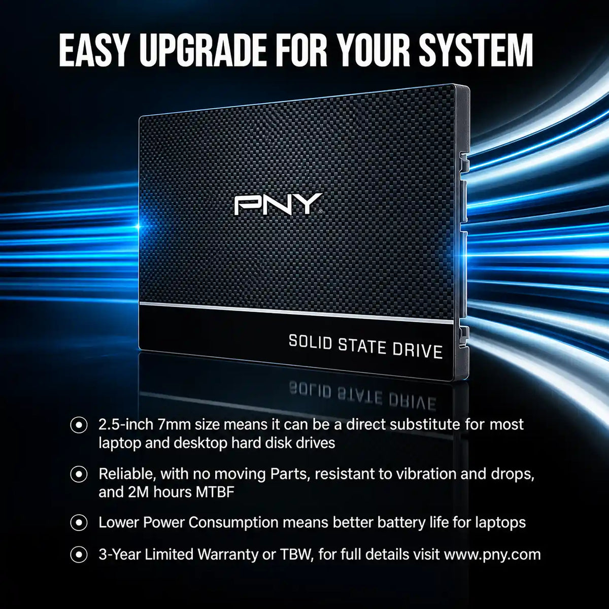 Repacked PNY CS900 120GB SATA III SSD for Laptop and Desktop highlighting 7mm form factor low power consumption and easy system upgrade -tpstech.in