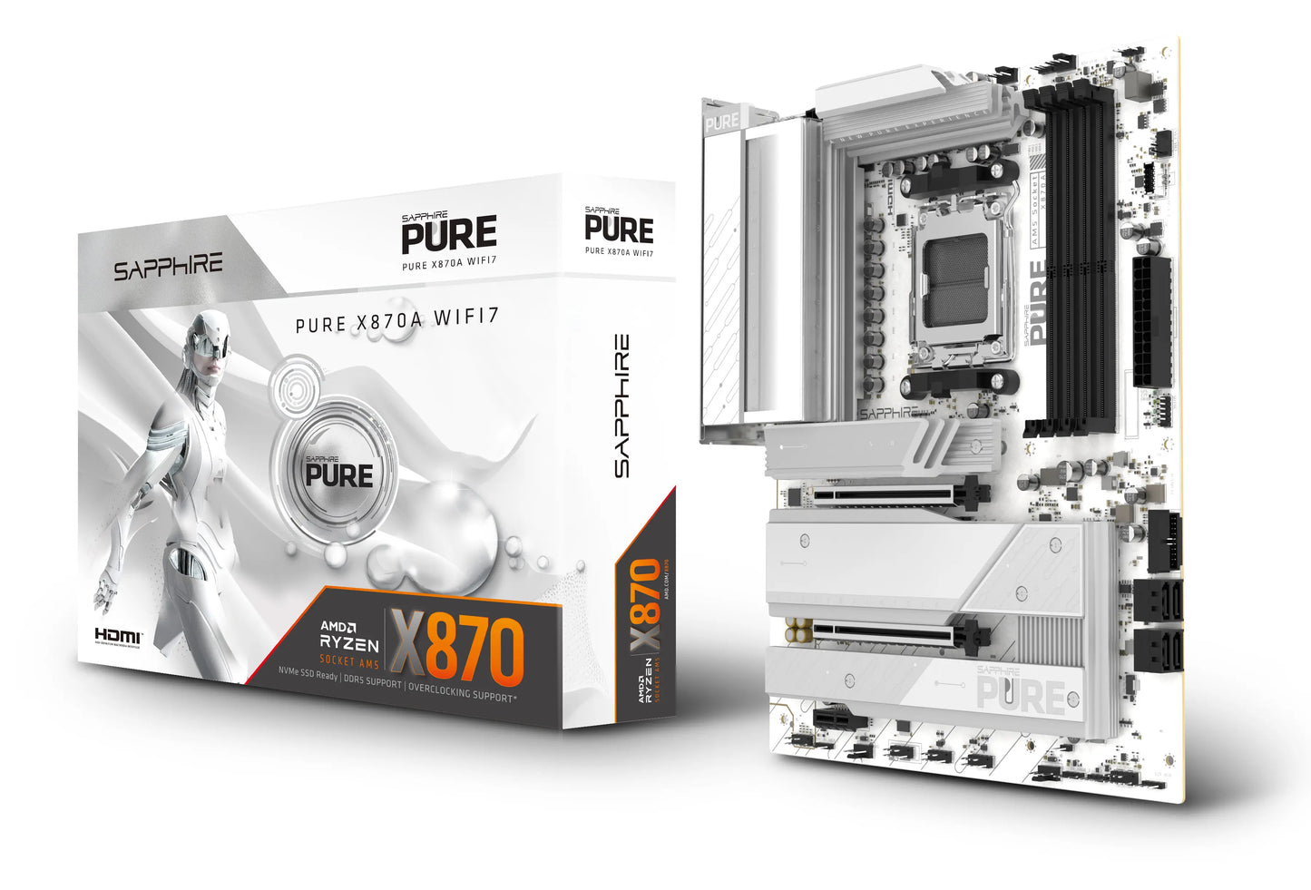 SAPPHIRE PURE X870A WIFI 7 motherboard displayed alongside official retail packaging