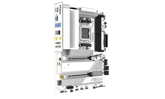 SAPPHIRE PURE X870A WIFI 7 motherboard showing rear I/O connectivity and heatsink design