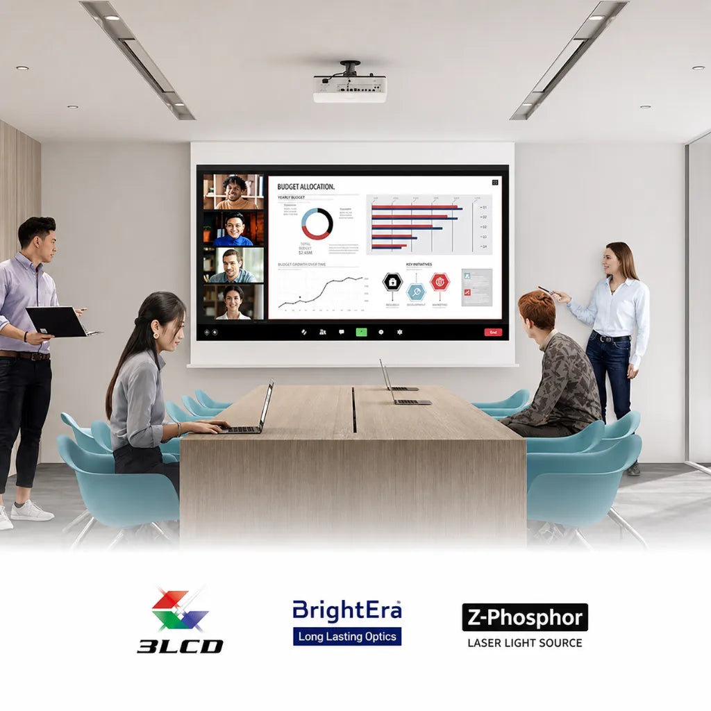 Sony VPL-CXZ10 BrightEra 3LCD laser projector installed in a conference room for professional presentations and collaboration.