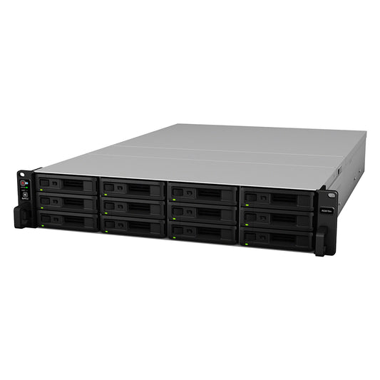 Synology RS3618xs 12 Bay Rackmount NAS front left angle view with hot swappable drive bays for enterprise storage solutions -tpstech.in