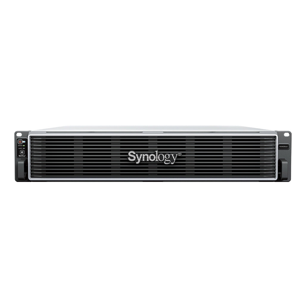 Synology RS4826xs+ front panel view of enterprise rackmount NAS with protective bezel for secure business storage solutions -tpstech.in