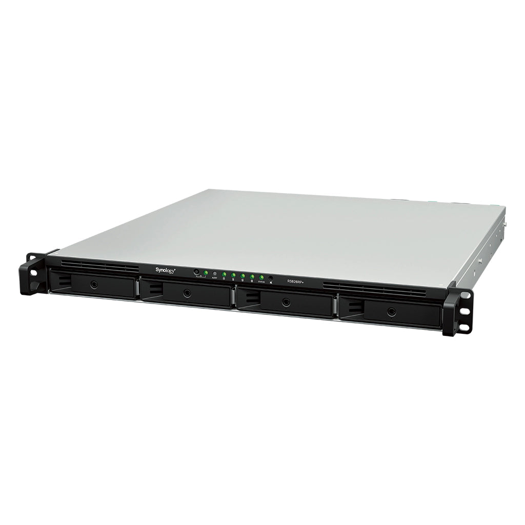 Synology RS826RP+ 4 Bay Rackmount NAS Storage Server perspective view featuring four hot-swappable drive bays and enterprise rackmount design -tpstech.in