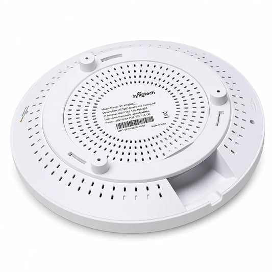 Bottom perspective view of Syrotech SY-AP-3000-AX WiFi 6 Dual-Band 3000Mbps Long-Range Indoor Access Point showing ventilation and mounting structure - tpstech.in