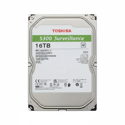 Rear view of Toshiba S300 AI 16TB surveillance hard drive for continuous security recording applications