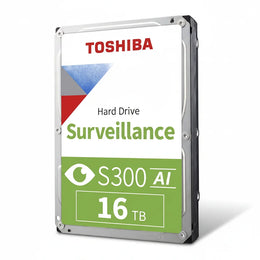 Toshiba S300 AI 16TB Surveillance Hard Drive front view with 16TB storage for AI-enabled DVR and NVR systems