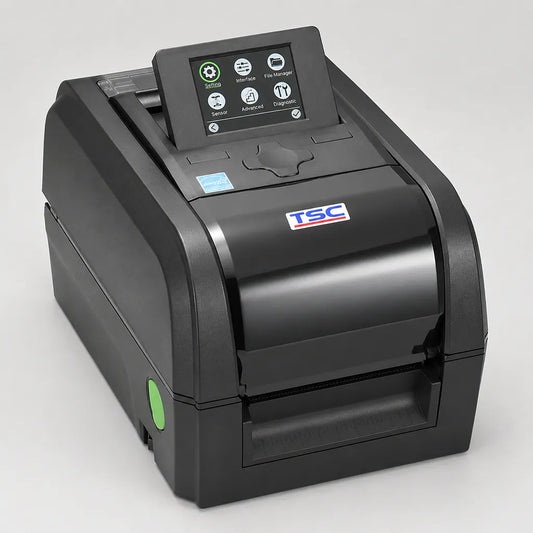 TSC TX210 Desktop Barcode Printer 203 DPI Thermal Transfer & Direct Thermal with LCD display and angled front view for professional label printing -tpstech.in