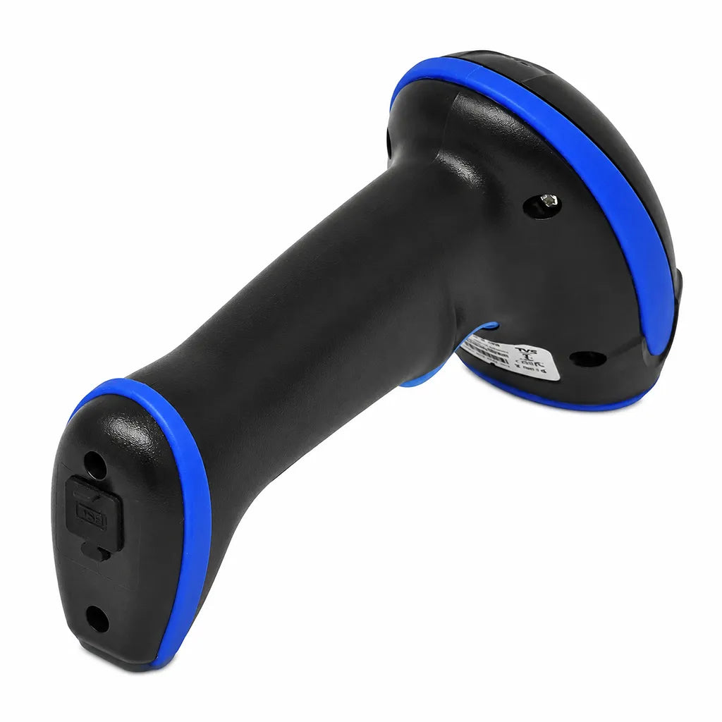 TVS Electronics BS-L150s WL Wireless 1D Laser Barcode Scanner rear angled view highlighting USB charging port and ergonomic handle -tpstech.in