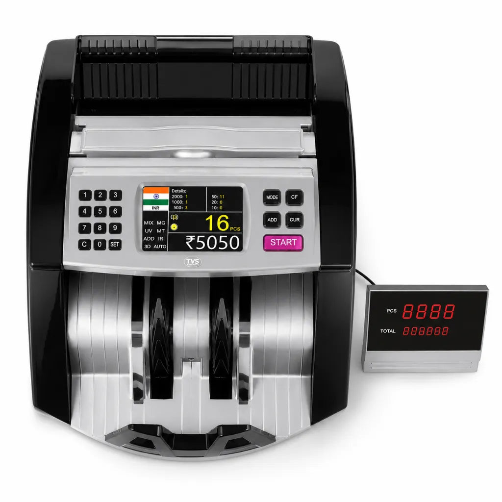 Front view of the TVS CC 453 Star+ cash counting machine showing TFT display and optional external customer display.