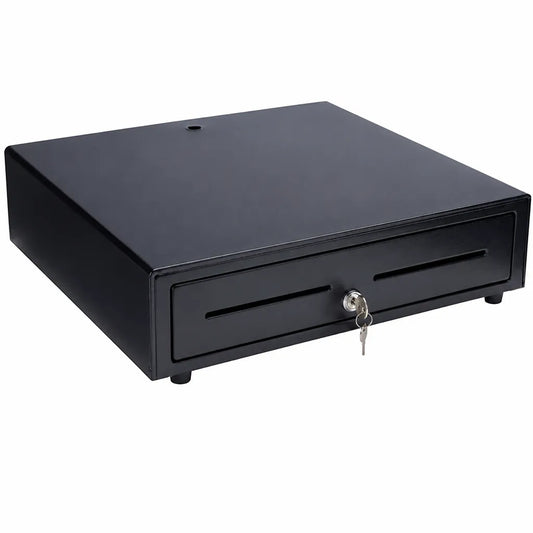 Front view of the TVS Champ CD-58410G POS cash drawer with secure key lock and durable steel construction.