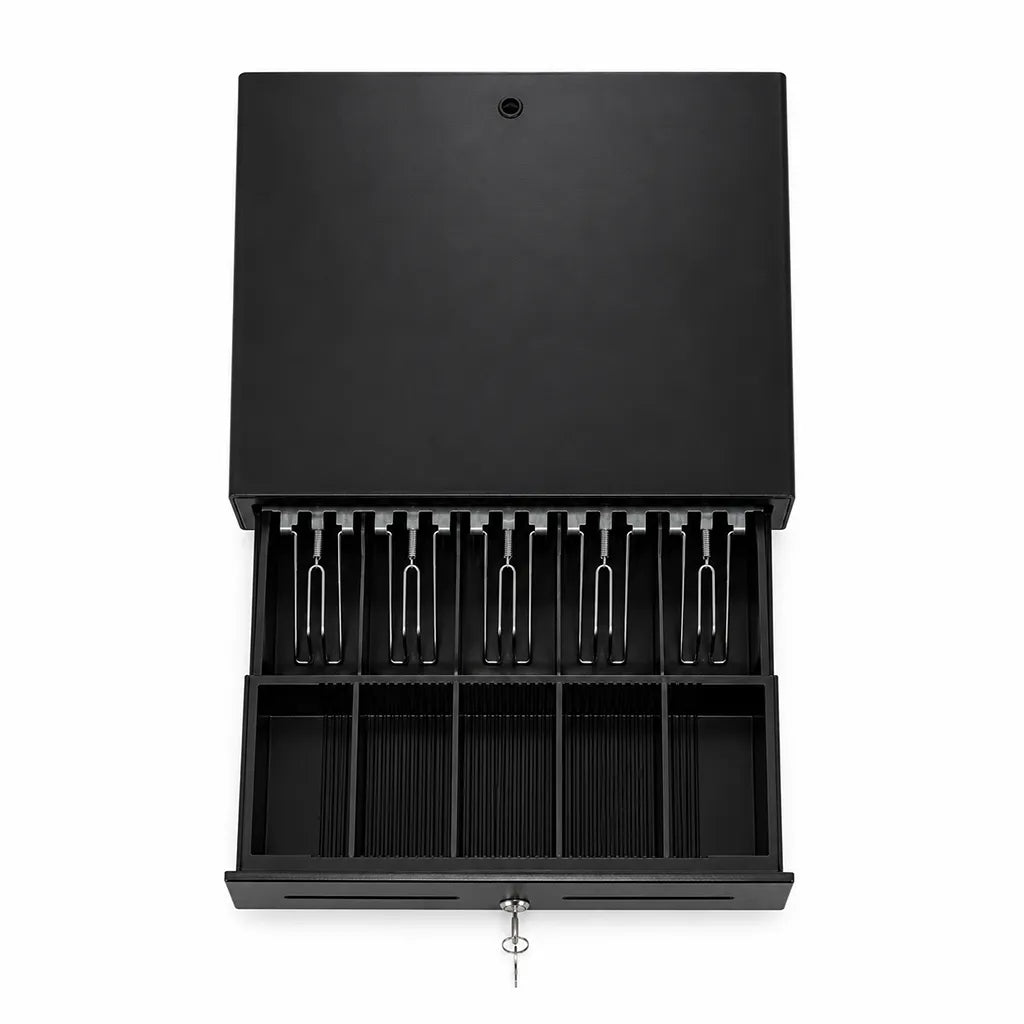 Top view of the TVS Champ CD-58410G POS cash drawer with organized 5 note trays, 8 coin compartments and secure key lock.
