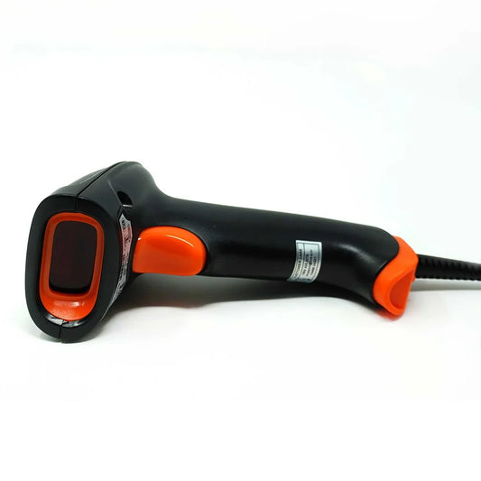 TVS Electronics BS L100 Plus 1D Wired USB Barcode Scanner front angled view showing laser scanning head and ergonomic trigger -tpstech.in
