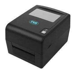 TVS Electronics LP 46 Dlite 4-inch thermal label printer top perspective view with feed button and media viewing window.