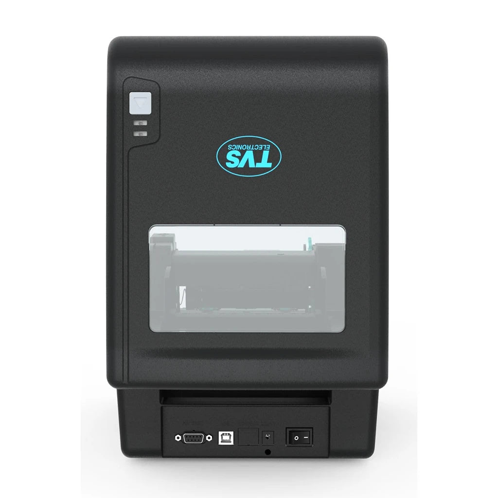 Top and rear view of TVS Electronics LP 46 Dlite thermal label printer showing transparent media window and rear ports.