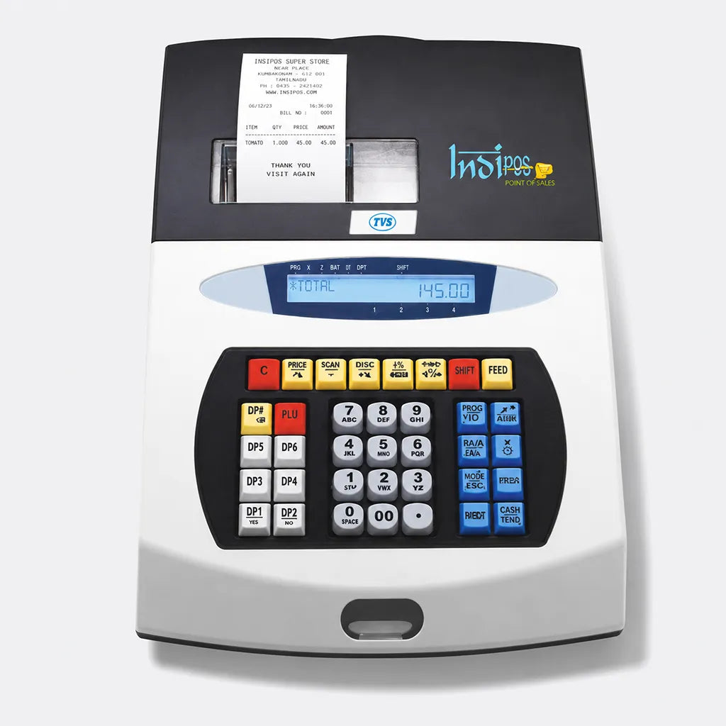 TVS Electronics PT 262 Plus electronic cash register with built-in 57mm thermal receipt printer front view for retail billing -tpstech.in