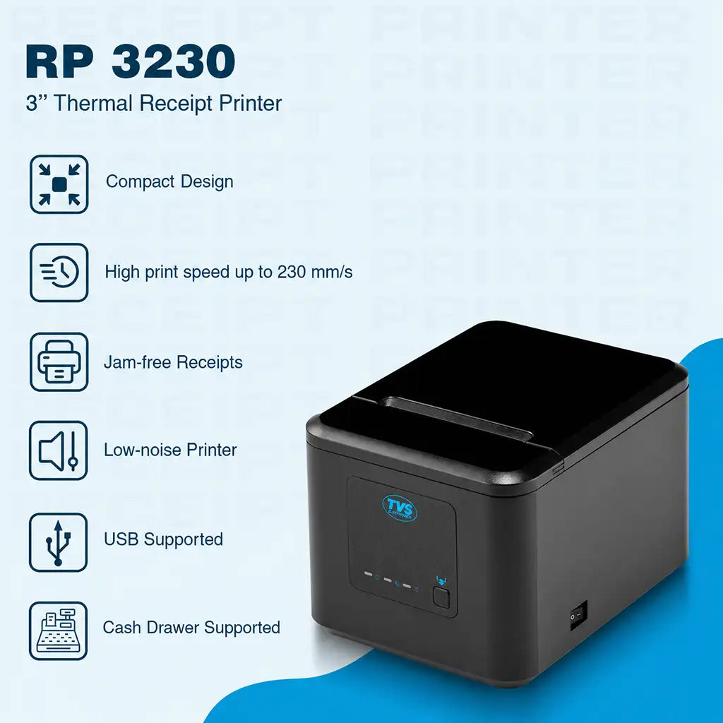 TVS Electronics RP 3230 ABW 3 inch thermal receipt printer with 230 mm/s print speed, jam-free printing, low-noise operation and cash drawer support -tpstech.in