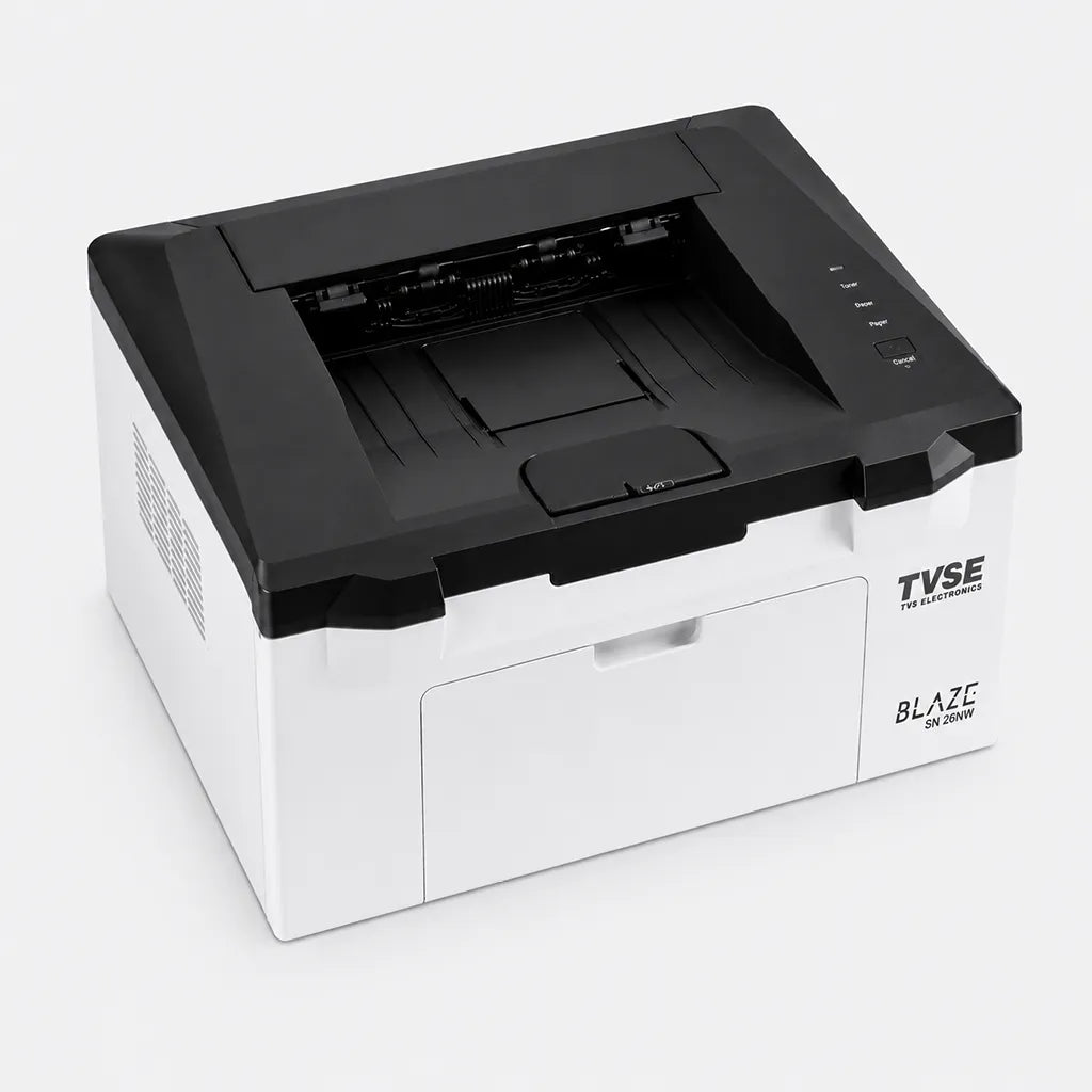 TVS Electronics SN-26NW mono laser printer top right angle showing modern desktop printer with Wi-Fi, Ethernet and USB connectivity -tpstech.in