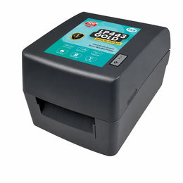 TVS LP 443 Gold 300 DPI thermal transfer barcode label printer front left angle view with USB and Serial connectivity