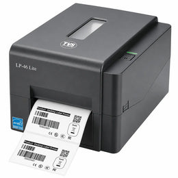 TVS Electronics LP 46 Lite USB thermal label printer printing barcode labels, front left angled view.