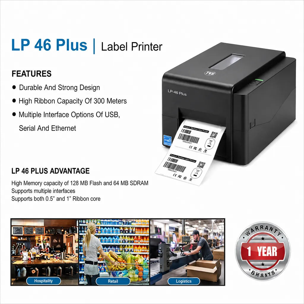 TVS Electronics LP 46 Plus thermal label printer feature overview showing USB, Serial, Ethernet connectivity, 300 meter ribbon capacity and business applications.