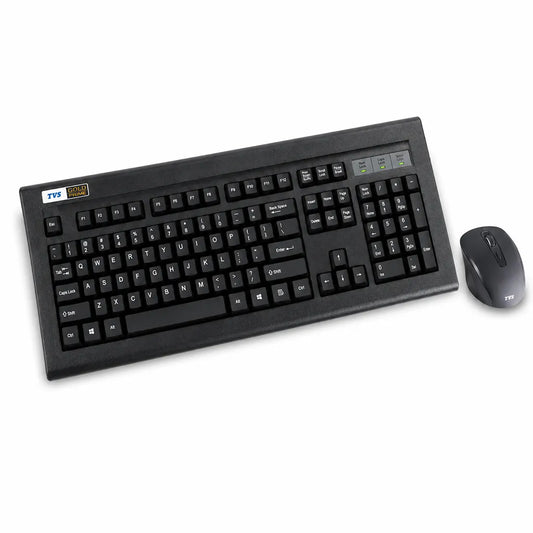 Angled view of the TVS Platina wireless mechanical keyboard and ergonomic wireless mouse combo for office and home productivity.