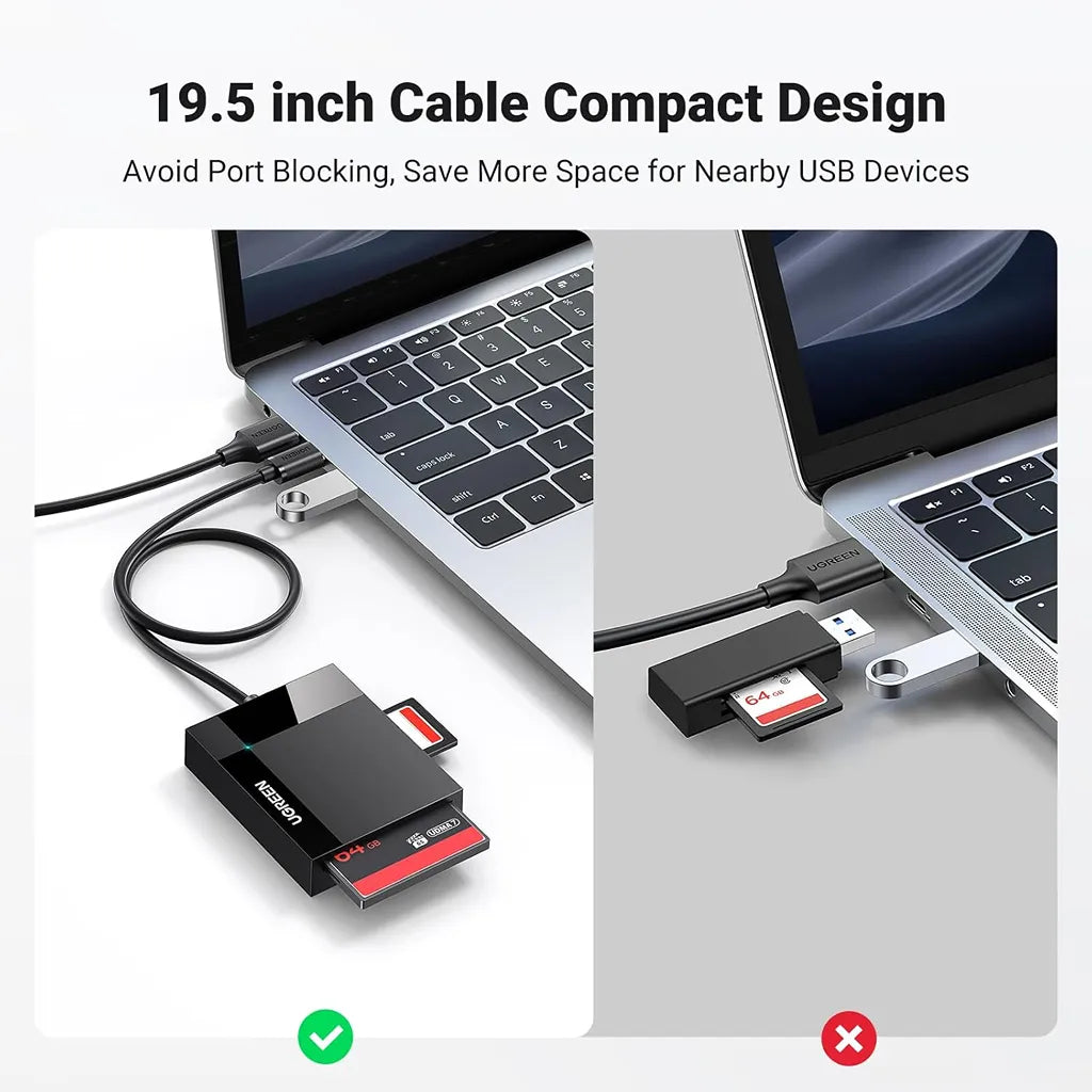 UGREEN 30333 Card Reader with Flexible Extended Cable Preventing Adjacent Port Blocking on Laptop tpstech.in